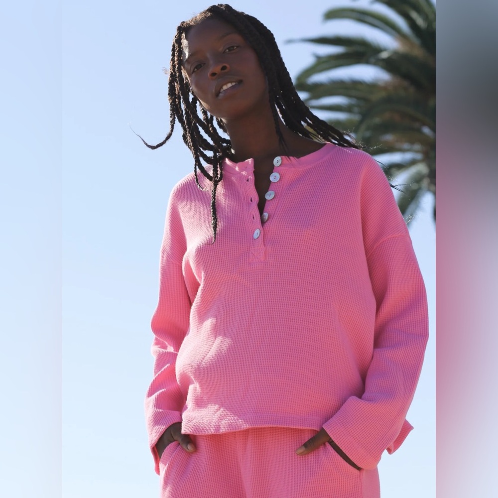 Electric‎ & Rose Kate Waffle Knit Long Sleeve Henley Shirt Pink